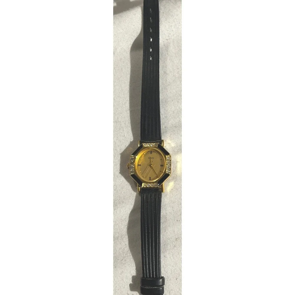 Gold Tone Black Accent Women's Quartz Fashion Watch‎ with Rhinestone Detail